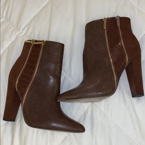 Brown Suede/Faux Leather Heeled Booties